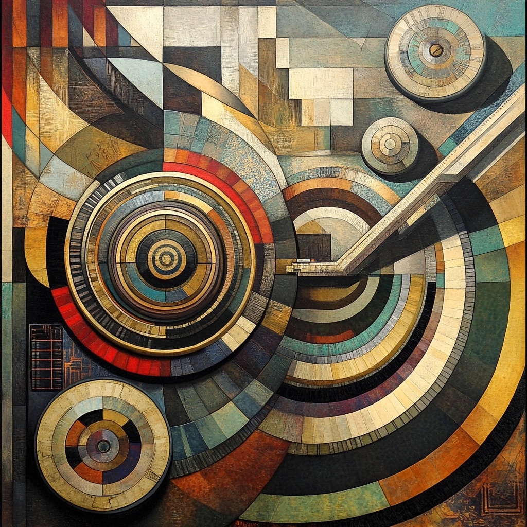 Illustration of interlocking circles and discs, executed in a painterly, mural style