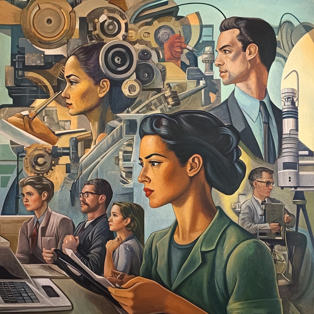 Illustration of a people working, executed in a painterly, mural style
